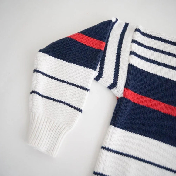 Vintage Eddie Bauer White with Red and  Blue Stripes Knit Crewneck Sweater L - Picture 9 of 11